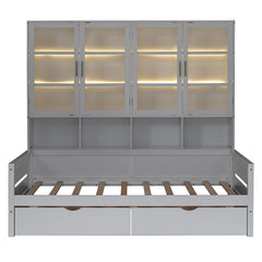 Bellemave® Wooden Daybed with Glass-Door Storage Cabinets, Built-in LED Lighting and Shelves