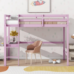 Bellemave® Twin Size Rubber Wood High Loft Bed with Safety Guardrail, Built-in Desk and Ladder