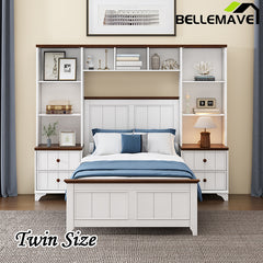 Bellemave® Solid Pine Wood Platform Bed with All-In-One 2 Nightstand Bookcase and Storage Shelf