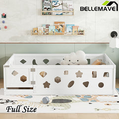 Bellemave® Solid Wood Floor Bed with Heightened Safety Guardrails and Door(No Slats Included)