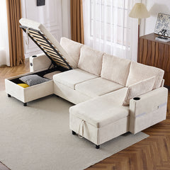 Bellemave® 111.8" Sectional Sofa Pull-Out Sofa Bed with Large Storage Space, Two USB Ports and Two Cup Holders