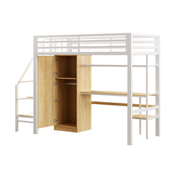 Bellemave® Twin Size Metal Loft Bed With Desk, Shelf, Wardrobe and Storage Staircase