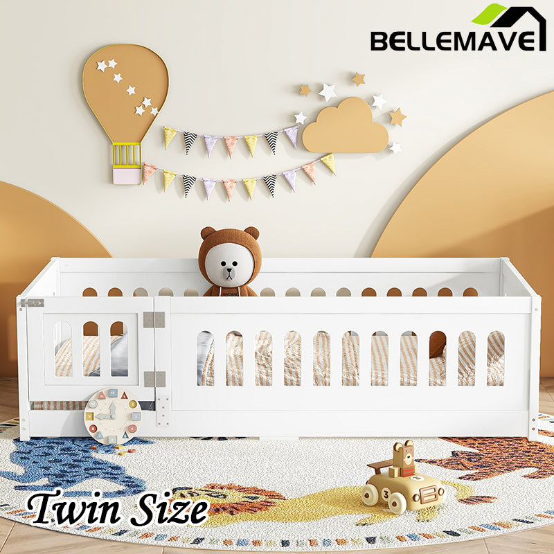 Bellemave® Solid Wood Floor Bed with Heightened Safety Guardrails and Door, No Slats Included