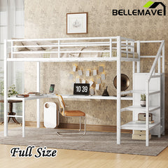 Bellemave® Metal High Loft Bed with L-shaped Desk and USB, Wardrobe and Adjustable Shelf, LED Light