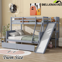 Bellemave® Twin over Full Rubber Wood Bunk Bed with 2 Drawers, Slide, Shelves, Ladder