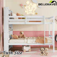 Bellemave® Twin Size Rubber Wood Bunk Bed with Shelves Headboard, Safety Guardrails and Ladder(Convertible)