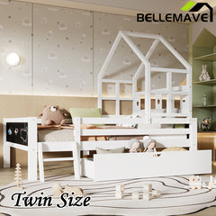 Bellemave® House Bed with 2 Blackboard Design, Ladder and Storage Drawers