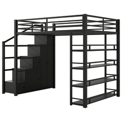 Bellemave® Full Size Metal Loft Bed with Storage Shelves, Cabinets and Wardrobe