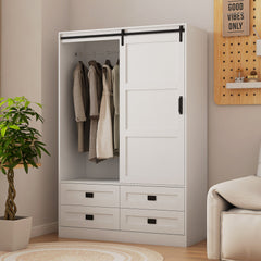 Bellemave® Modern Wardrobe with Hanging Rod and Barn Door ,Drawers  and Open Shelves