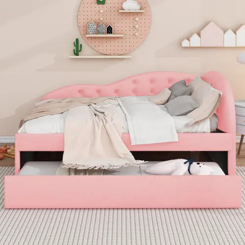 Bellemave® PU Upholstered Tufted Daybed with Trundle and Cloud Shaped Guardrail Bellemave®