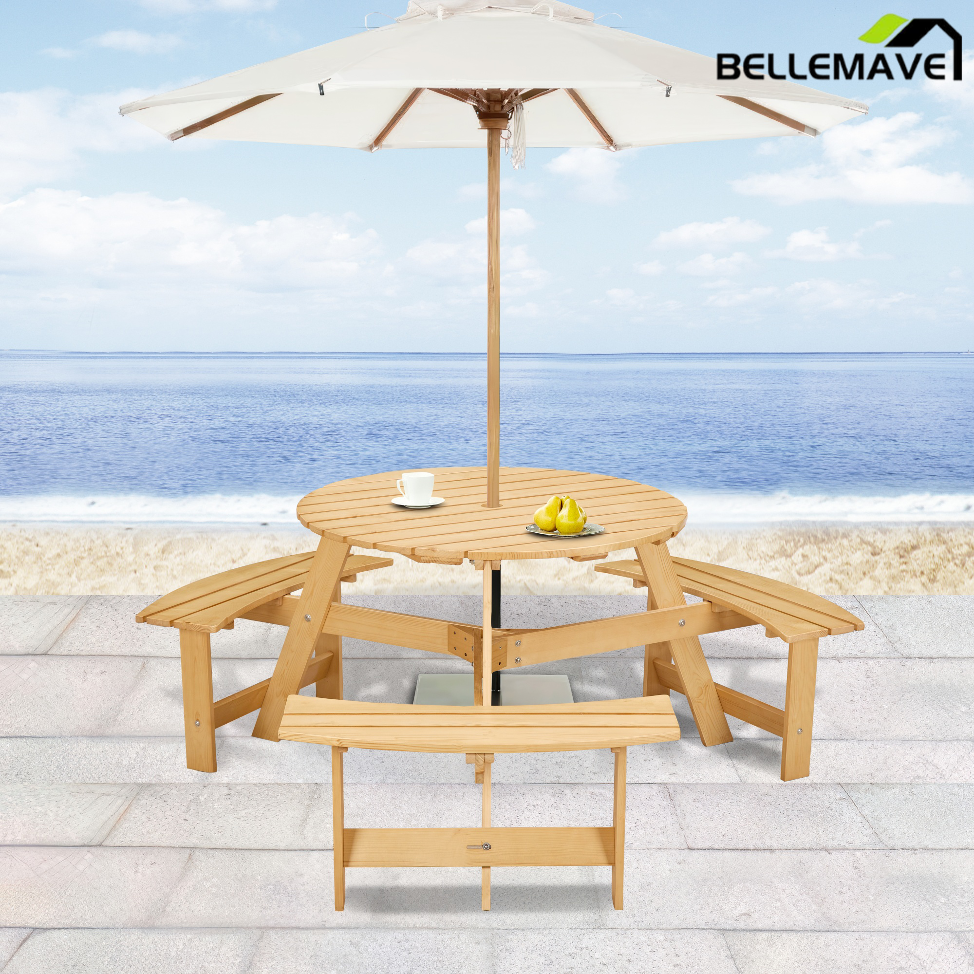 Bellemave® 6 Person Round Wooden Picnic Table with 3 Built-in Benches & Umbrella Hole Bellemave®
