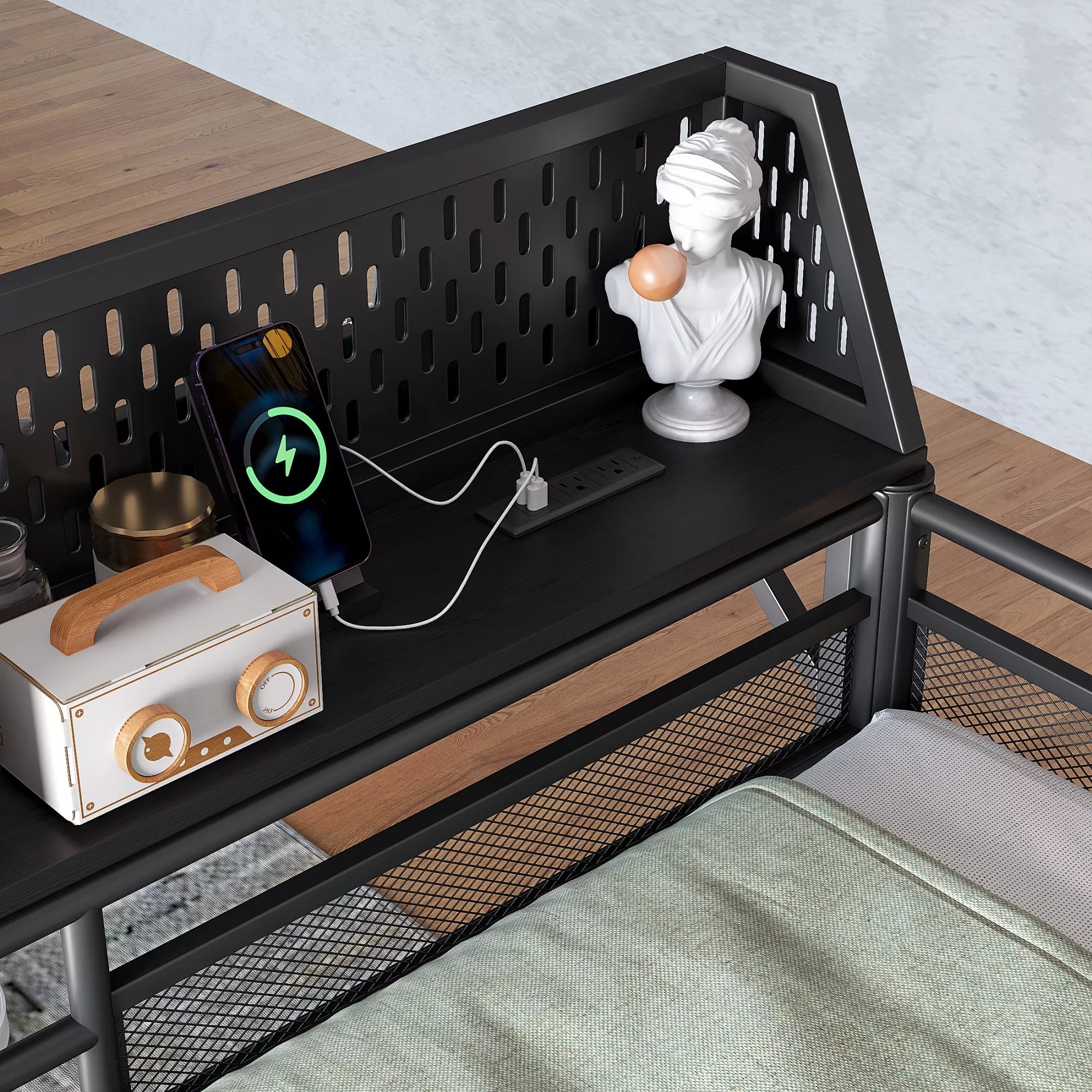 Close-up of upper bunk storage rack with integrated LED lighting and small-item display space