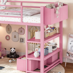 Pink twin metal loft bed with storage shelves and drawer