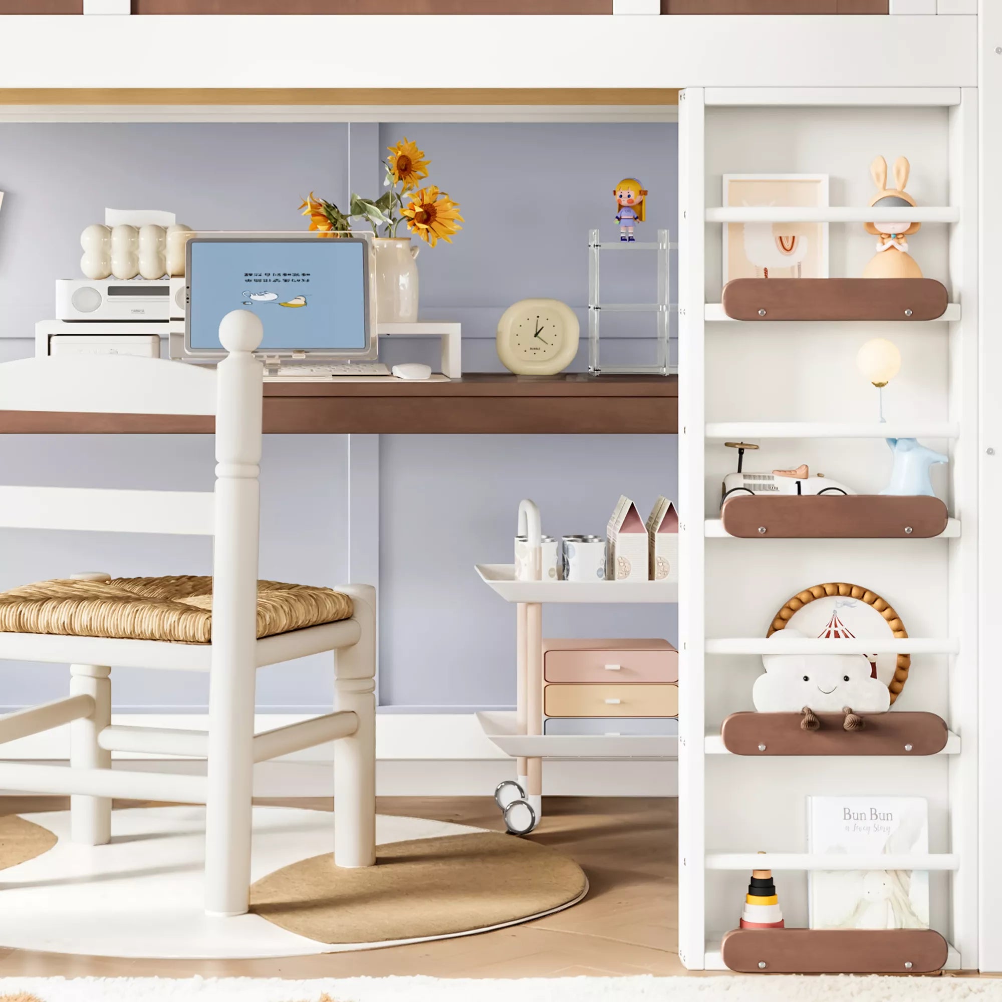 Kids house loft bed with study desk and open storage shelves in a bedroom setting