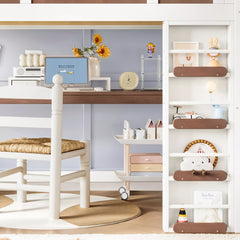 Kids house loft bed with study desk and open storage shelves in a bedroom setting