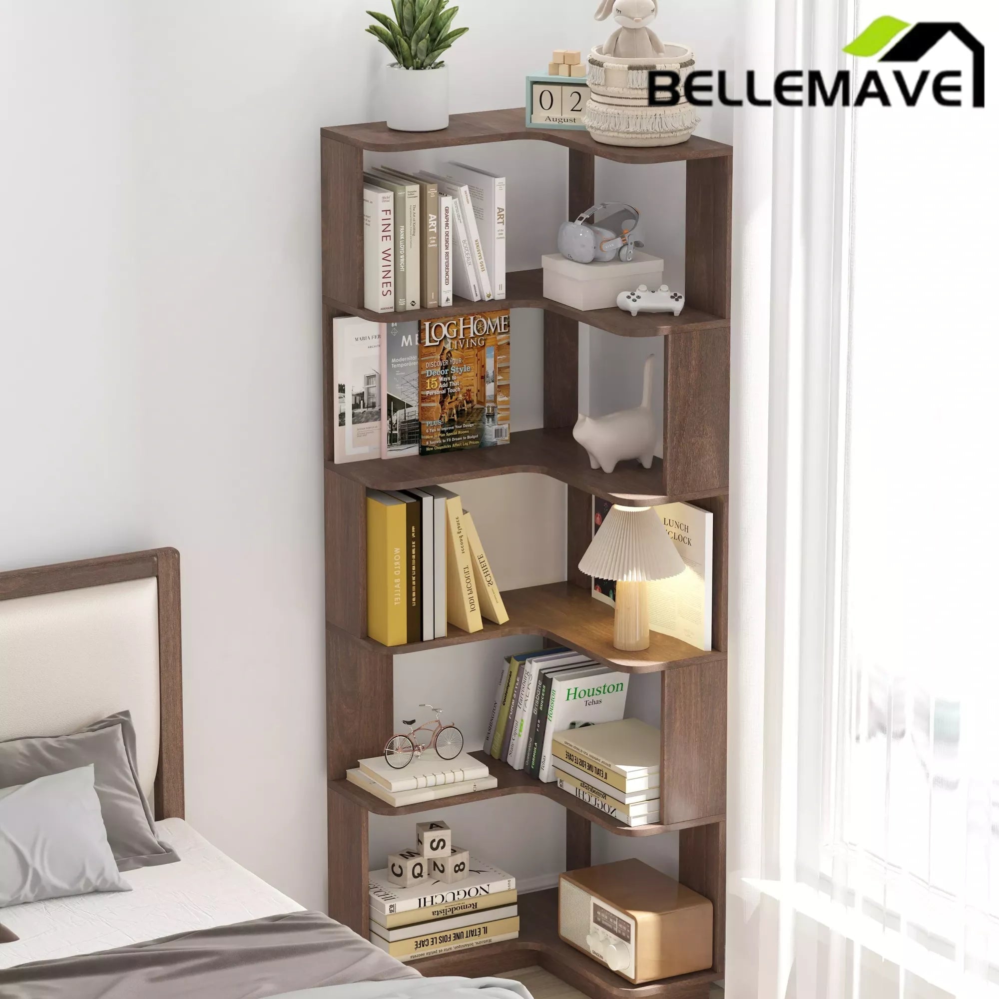 Bellemave® 6 Tier Corner Bookshelf, Industrial L Shaped Bookcase with Anti-Drop Panel, Freestanding Wood Grain Shelf Display Rack Storage Organizer for Home Office Bellemave®