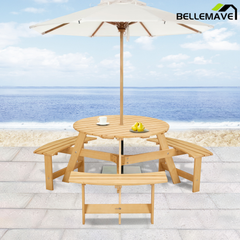 Bellemave® 6 Person Round Wooden Picnic Table with 3 Built-in Benches & Umbrella Hole Bellemave®