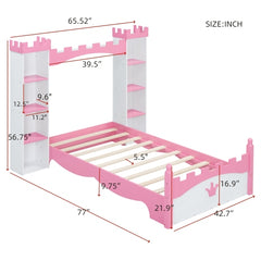 Bellemave® Twin Size Castle-Shaped Wooden Platform Bed with Storage Shelf