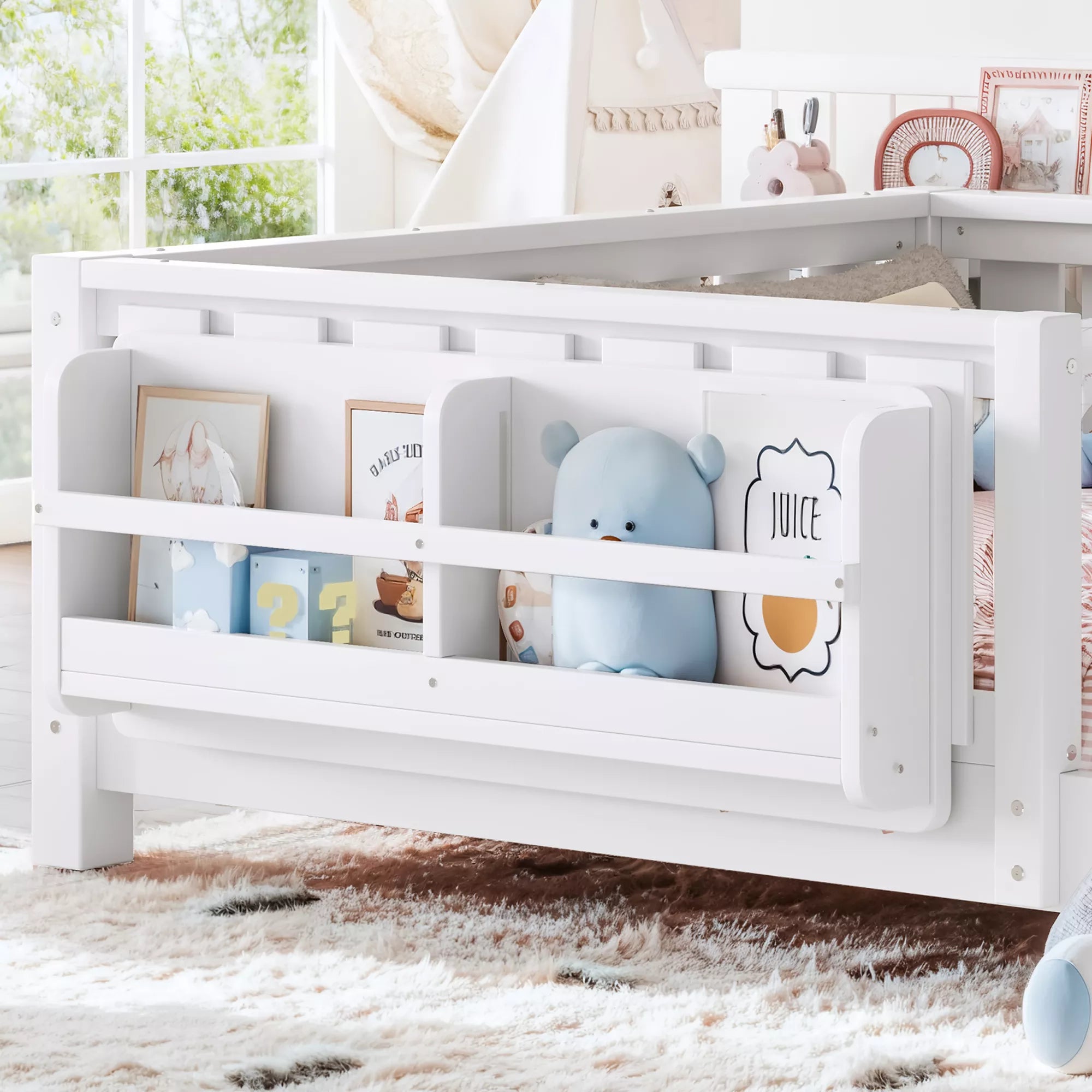 Kids floor bed with built-in bookshelf and safety guardrails