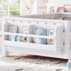 Kids floor bed with built-in bookshelf and safety guardrails