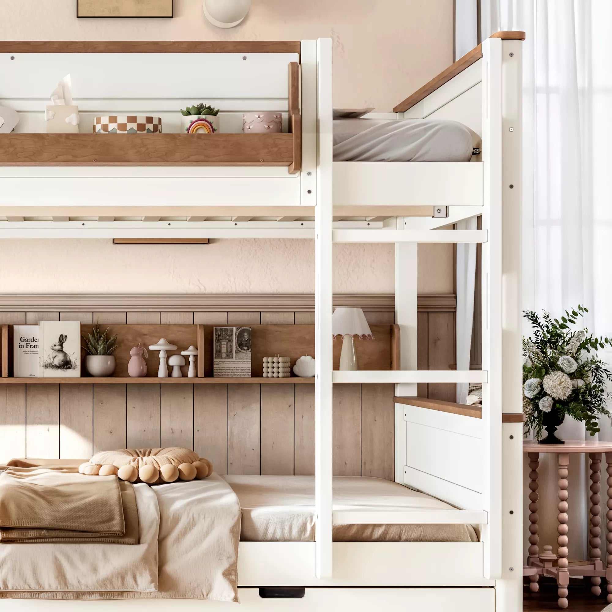 Wood bunk bed with storage shelf in bedroom setting
