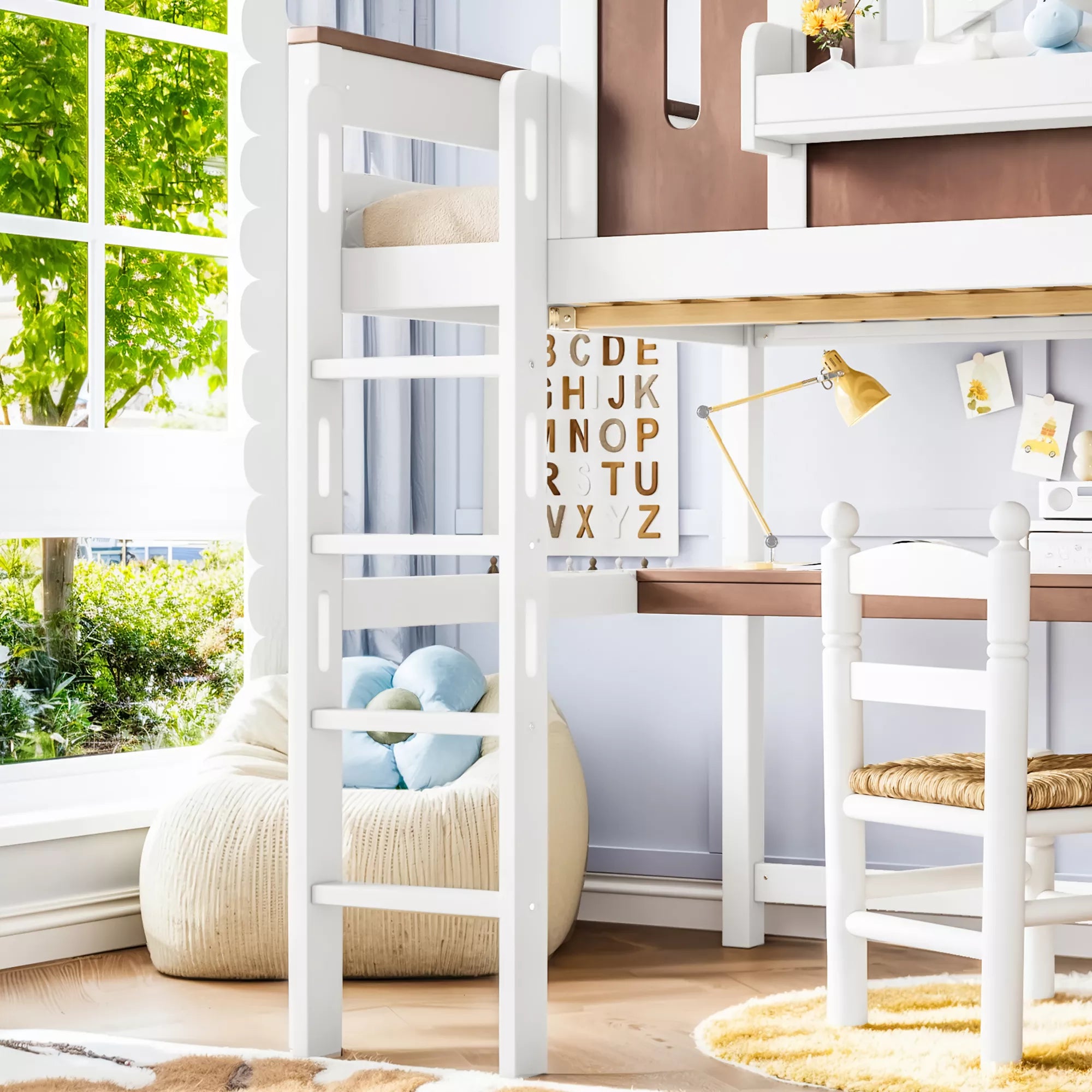 Side view of a white loft bed with tall open shelving and an elevated sleeping area