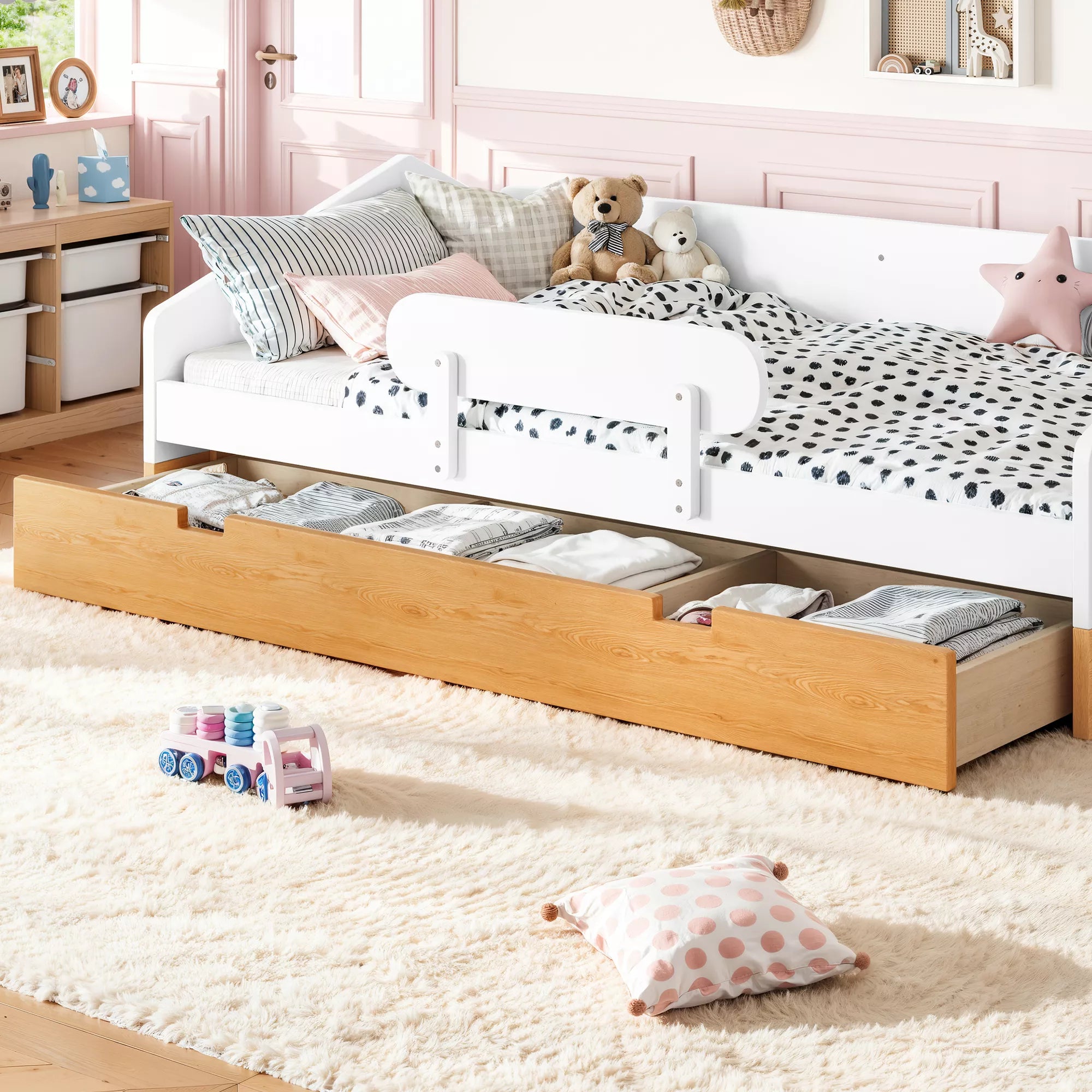 House floor bed with large storage drawer in bedroom