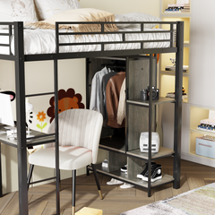 Bellemave® Twin Size Metal Loft Bed with Built-in Wardrobe, Desk and Shelves