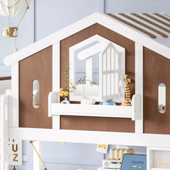 Close-up of the upper house loft bed frame with pitched roof and decorative window