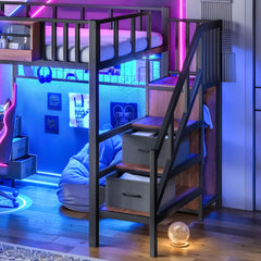 Black Full Size Loft Bed with Desk and Storage Stair
