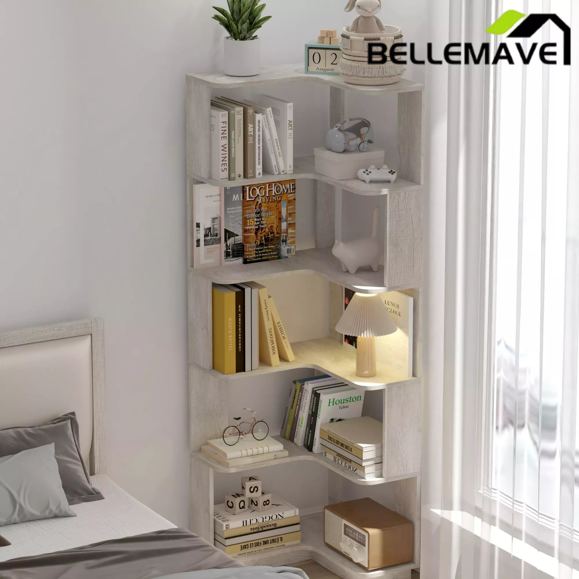 Bellemave® 6 Tier Corner Bookshelf, Industrial L Shaped Bookcase with Anti-Drop Panel, Freestanding Wood Grain Shelf Display Rack Storage Organizer for Home Office Bellemave®