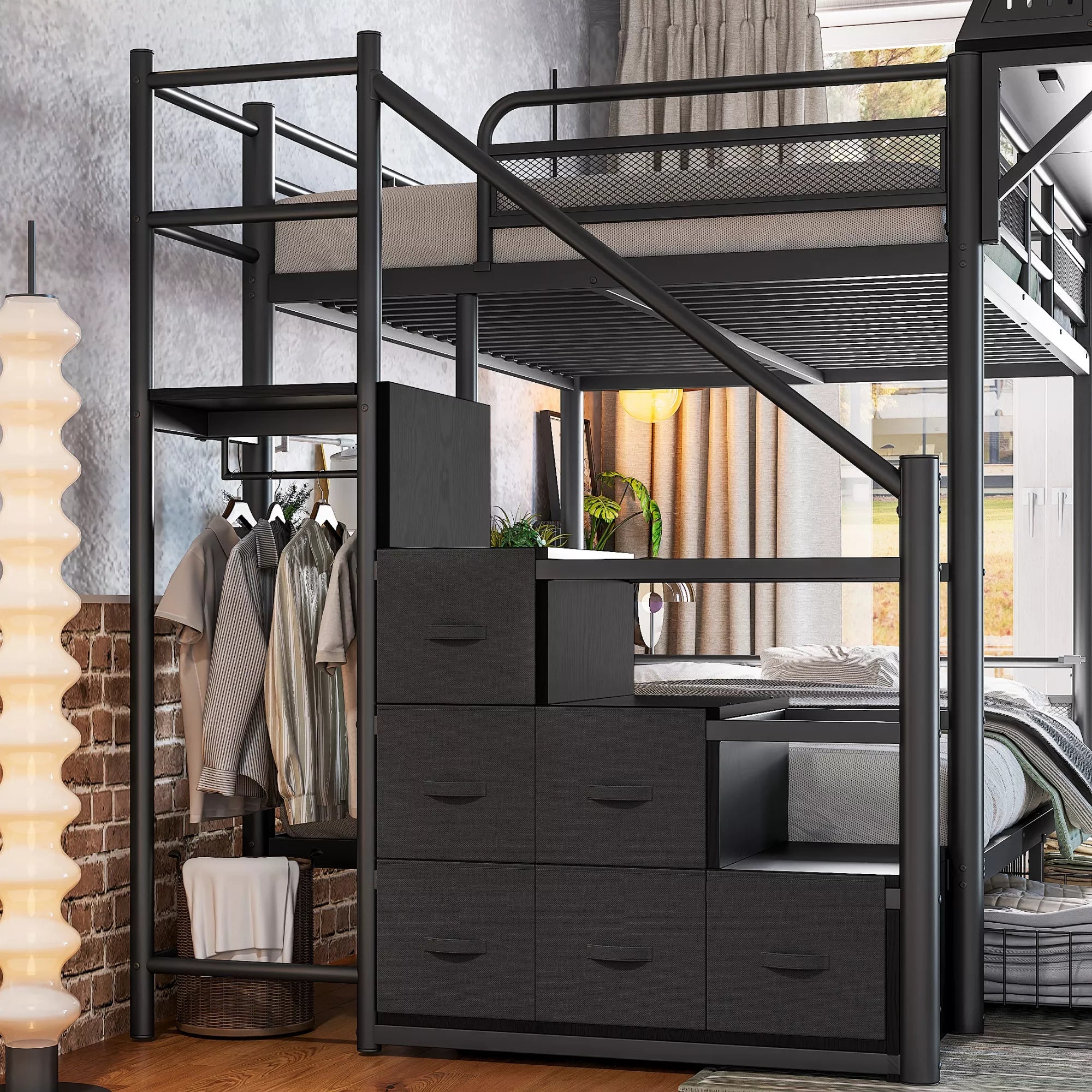 Black metal bunk bed styled in a bedroom with staircase cabinets and lower storage drawers