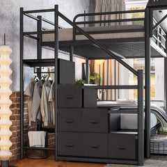 Black metal bunk bed styled in a bedroom with staircase cabinets and lower storage drawers