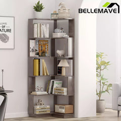 Bellemave® 6 Tier Corner Bookshelf, Industrial L Shaped Bookcase with Anti-Drop Panel, Freestanding Wood Grain Shelf Display Rack Storage Organizer for Home Office Bellemave®