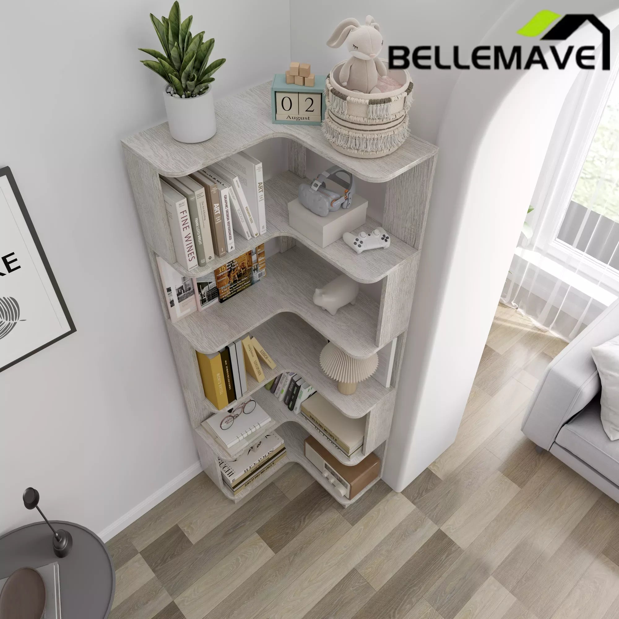 Bellemave® 6 Tier Corner Bookshelf, Industrial L Shaped Bookcase with Anti-Drop Panel, Freestanding Wood Grain Shelf Display Rack Storage Organizer for Home Office Bellemave®