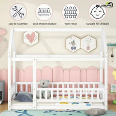 Bellemave® Montessori Wooden House Bed with Fence