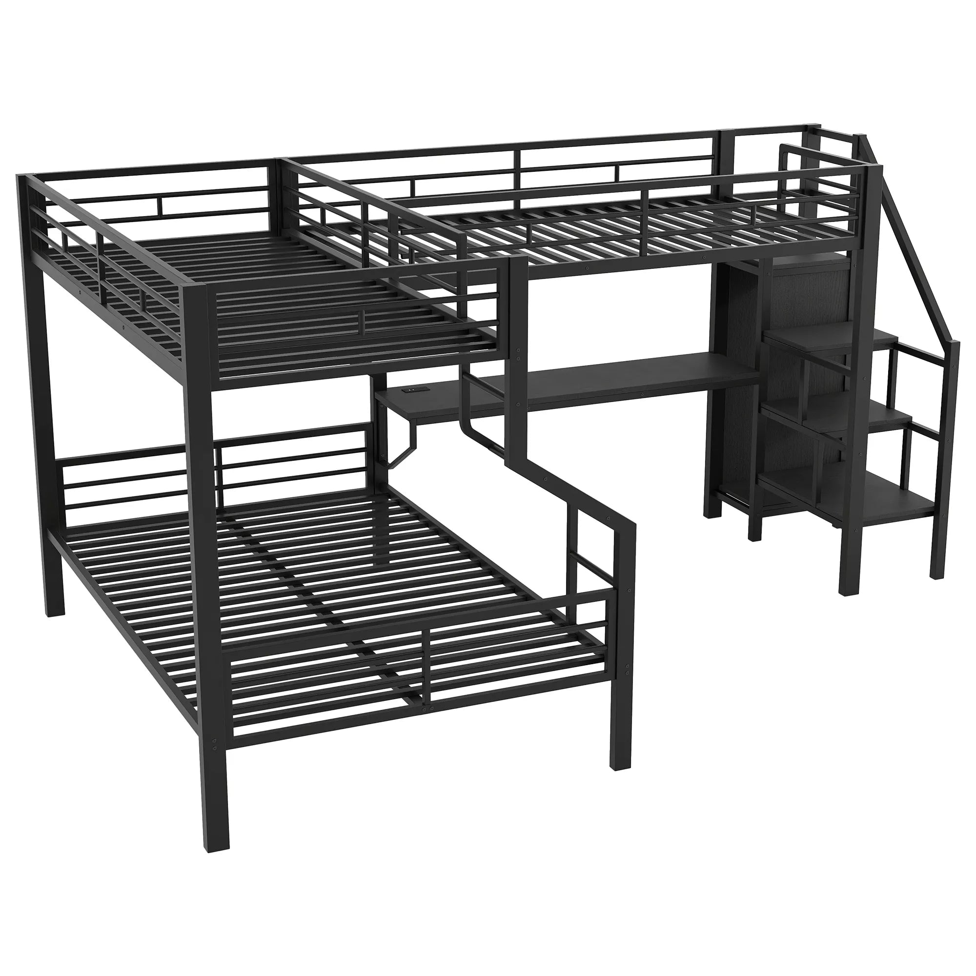 Bellemave® L-Shaped Triple Bunk Bed with Storage Stairs, Twin Over Twin Over Full Bunk Bed with Desk, USB Ports, Wardrobe, Heavy-Duty Metal Corner Bunk Beds for 3 Kids, Noise Free, Black Bellemave®