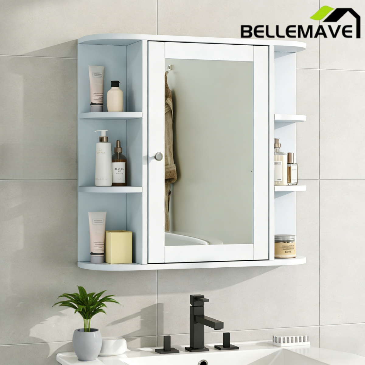 Bellemave® Bathroom Medicine Cabinet, Bathroom Mirror Cabinet Wall Mounted with 6 Adjustable Wood Shelves & Doors, Wall Cabinet with Mirror Bellemave®