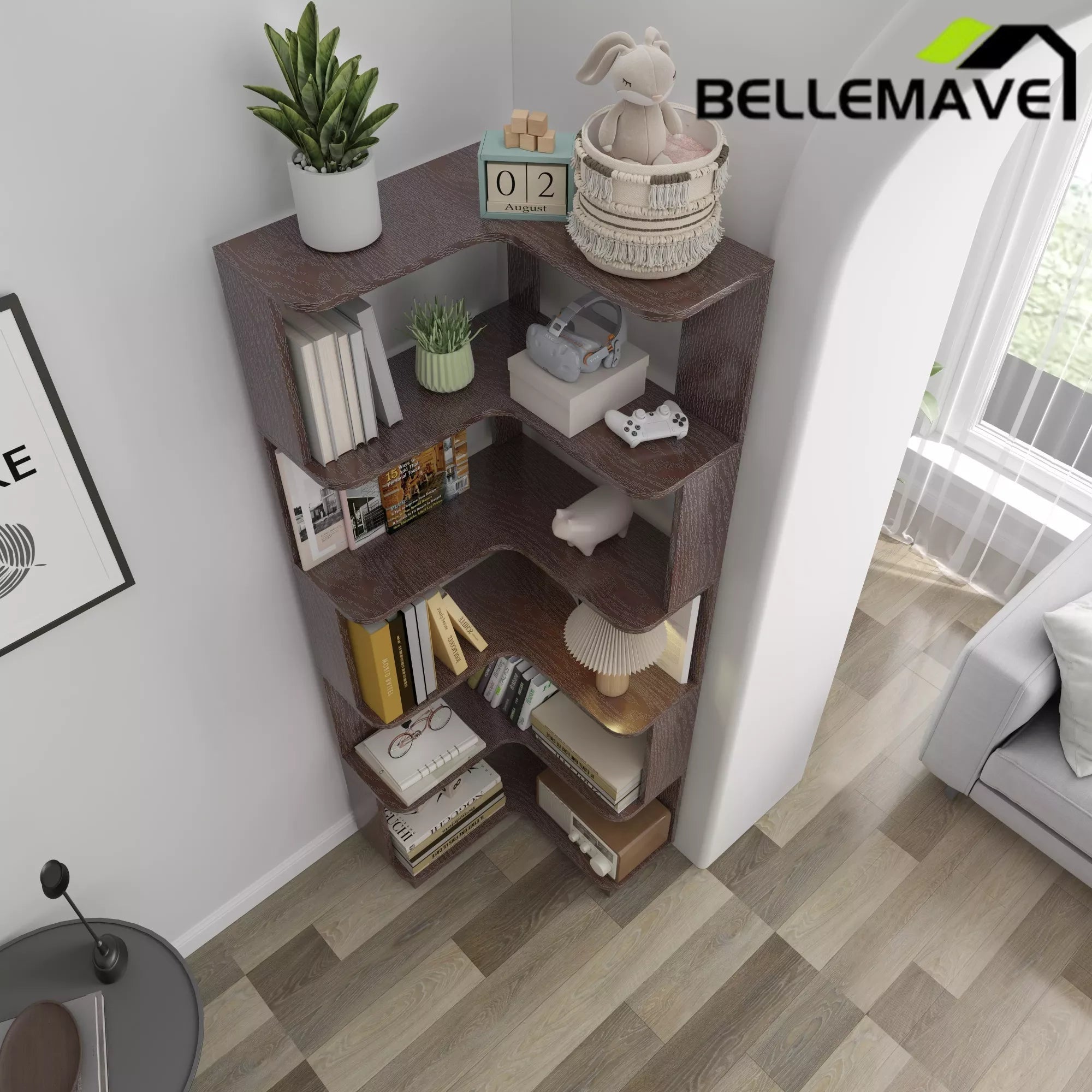 Bellemave® 6 Tier Corner Bookshelf, Industrial L Shaped Bookcase with Anti-Drop Panel, Freestanding Wood Grain Shelf Display Rack Storage Organizer for Home Office Bellemave®
