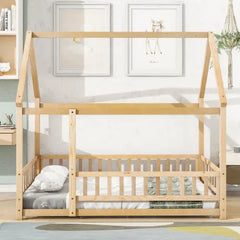 Bellemave® Montessori Wooden House Bed with Fence