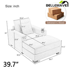 Bellemave® Oversized Chaise Lounge with Pillows, Charge Station & Cup Holders