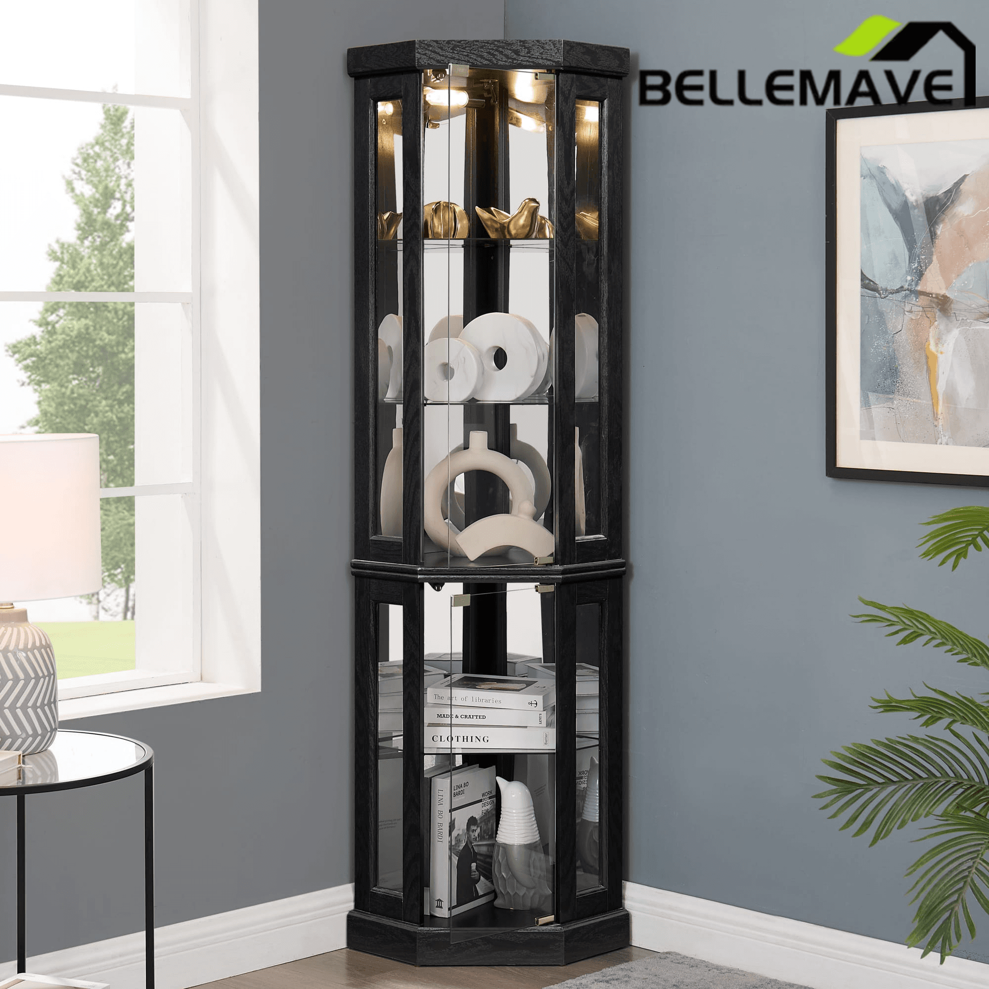 Bellemave® Corner Curio Cabinet with Tempered Glass Doors and Adjustable Shelves, Wine Bar China Cabinet for Living Room Liquor Storage Bellemave®
