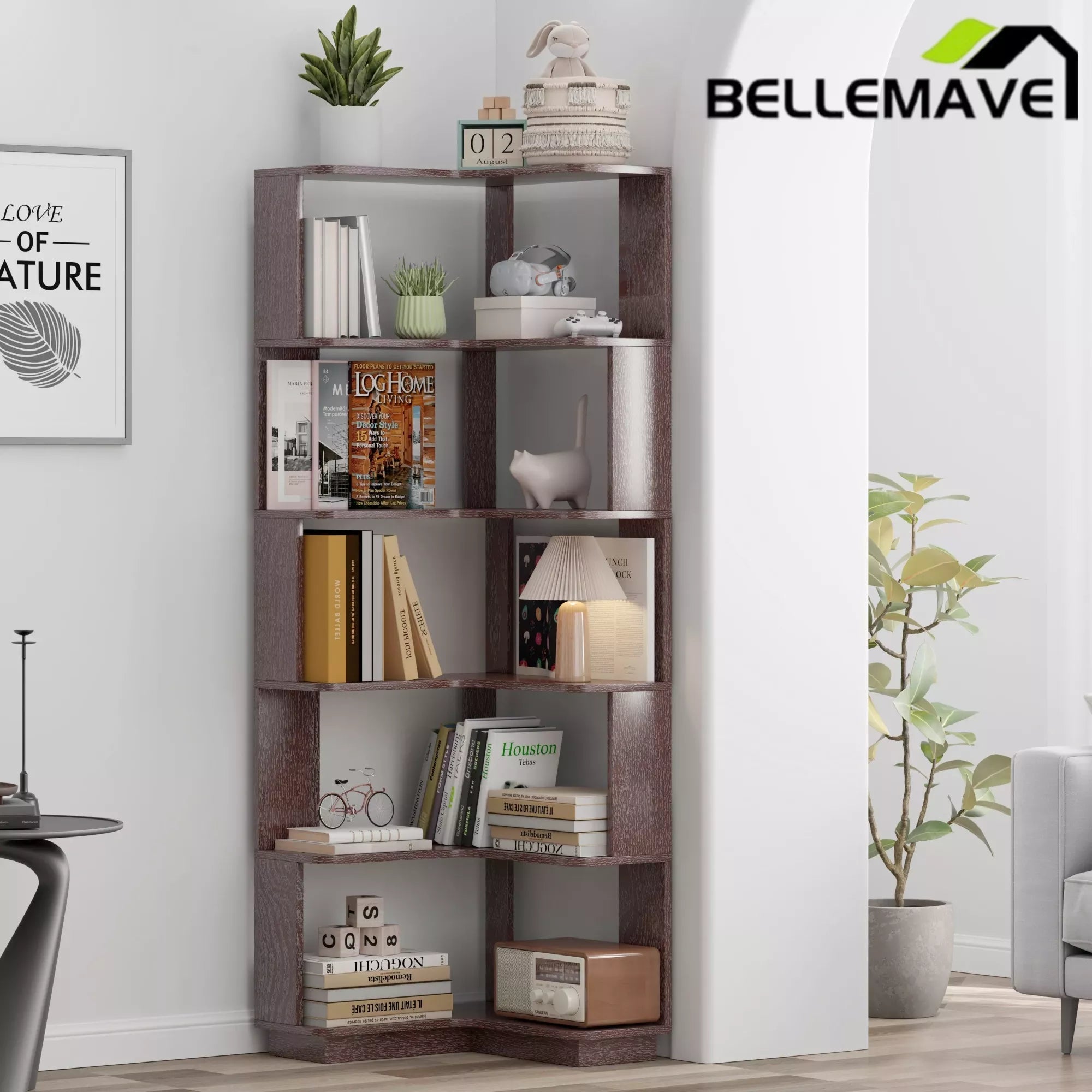 Bellemave® 6 Tier Corner Bookshelf, Industrial L Shaped Bookcase with Anti-Drop Panel, Freestanding Wood Grain Shelf Display Rack Storage Organizer for Home Office Bellemave®