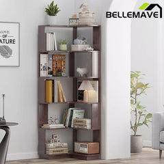 Bellemave® 6 Tier Corner Bookshelf, Industrial L Shaped Bookcase with Anti-Drop Panel, Freestanding Wood Grain Shelf Display Rack Storage Organizer for Home Office Bellemave®