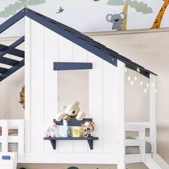 Playhouse loft bed with slide, ladder and house roof design for kids bedroom