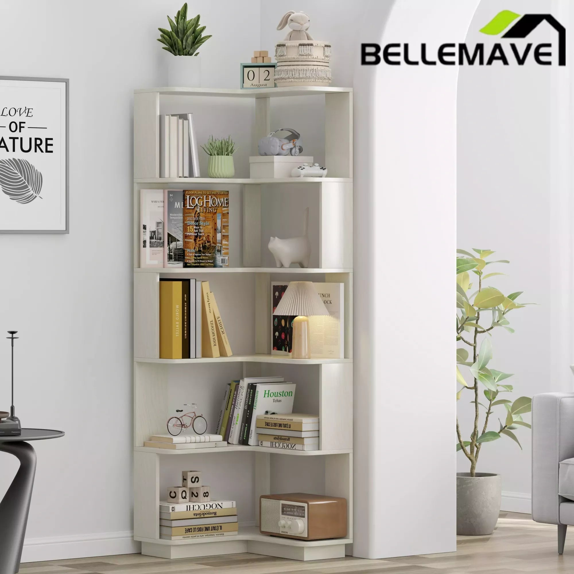 Bellemave® 6 Tier Corner Bookshelf, Industrial L Shaped Bookcase with Anti-Drop Panel, Freestanding Wood Grain Shelf Display Rack Storage Organizer for Home Office Bellemave®