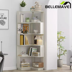Bellemave® 6 Tier Corner Bookshelf, Industrial L Shaped Bookcase with Anti-Drop Panel, Freestanding Wood Grain Shelf Display Rack Storage Organizer for Home Office Bellemave®