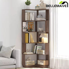 Bellemave® 6 Tier Corner Bookshelf, Industrial L Shaped Bookcase with Anti-Drop Panel, Freestanding Wood Grain Shelf Display Rack Storage Organizer for Home Office Bellemave®