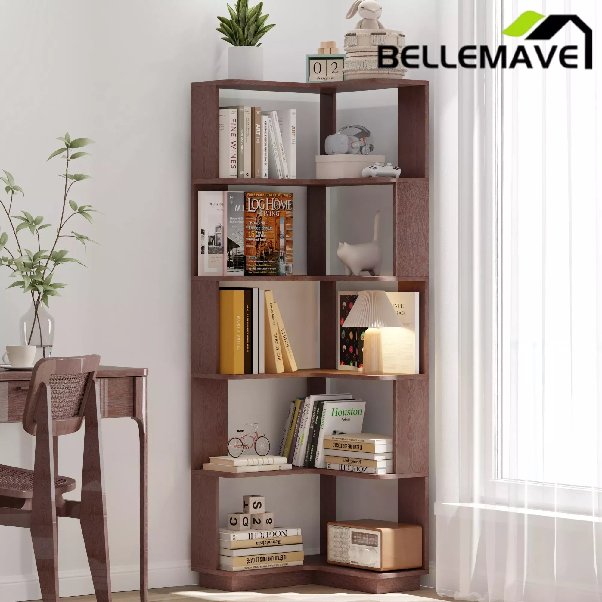 Bellemave® 6 Tier Corner Bookshelf, Industrial L Shaped Bookcase with Anti-Drop Panel, Freestanding Wood Grain Shelf Display Rack Storage Organizer for Home Office Bellemave®