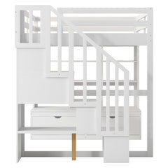 Bellemave® Full Size Loft Bed with Desk and Shelves, Two Built-in Drawers, Storage Staircase